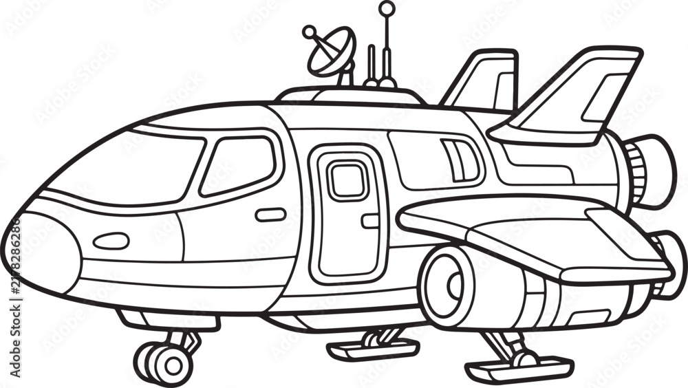 Obraz premium Black and white coloring page of a futuristic sci-fi spaceship with cockpit windows, wings, engines, and radar dish on also transparent background
