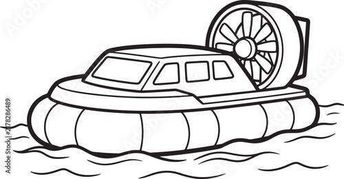 Foto Black and white line coloring page of a hovercraft amphibious vehicle moving ove