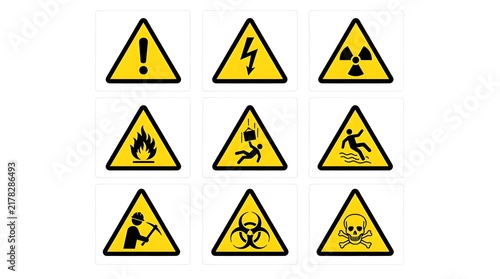 Collection of Universal Industrial Hazard Warning Sign Symbols Featuring Safety Alerts and Potential Workplace Danger Indicators