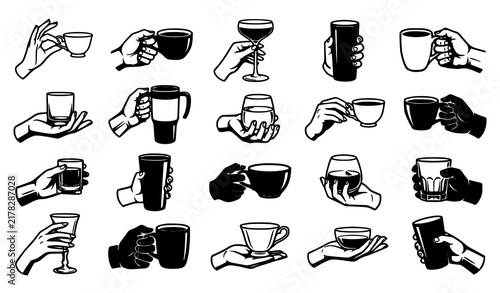 Hands Holding Tea Cups Cocktail Glasses and Drinkware Black White Vector Set