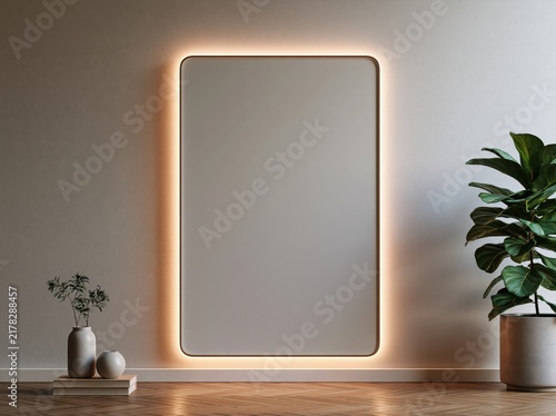 Illuminated Vertical Mirror Mockup in Modern Interior
