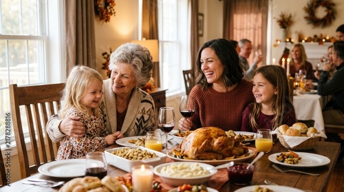 A heartwarming thanksgiving gathering showcases a multi generational family sharing a delicious meal laughter and cherished moments around a beautifully set dining table creating