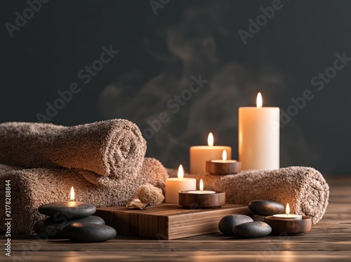 Spa Towels Candles and Stones on Wooden Table