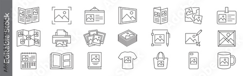 Photo print and image merchandise icon set – editable outline vector symbols of printing, brochure, album, photo gift and promotional products