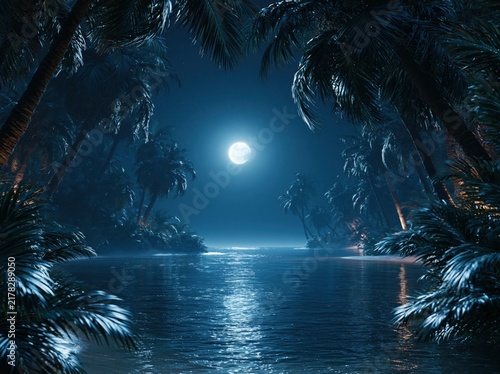 Moonlit Tropical Lagoon Surrounded by Palm Trees