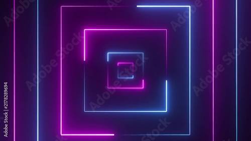 Concentric glowing neon squares in vibrant pink and electric blue hues creating a futuristic tunnel effect against a dark background with a sense of depth and movement