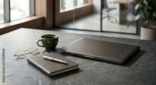 Cup of Coffee on Table with Laptop, Fresh Hot Beverage for Morning Breakfast, Work Break, Cafe or Home Office Lifestyle Setting
