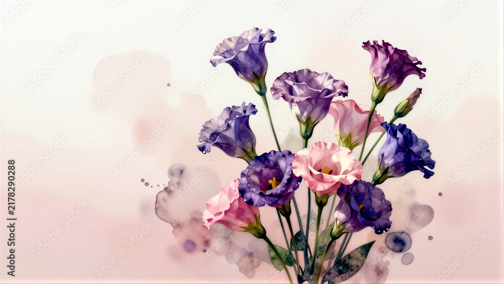 Obraz premium Purple and pink flowers bloom gracefully against a soft, dreamy background.