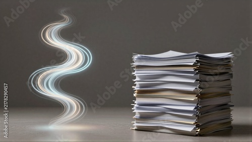 Obraz na płótnie Stack of papers beside glowing, swirling light trail on a dark surface.