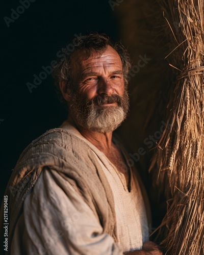 Portrait of a smiling middleaged man with a beard, wearing rustic clothing, standing beside a bundle of wheat