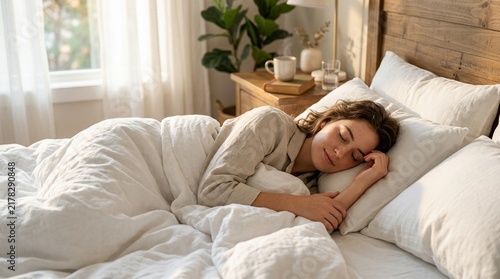 Young Woman Sleeping Peacefully in Cozy Bed, Sunlight Streaming In