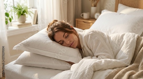 Young Woman Sleeping Peacefully in a Cozy Bed with Natural Light