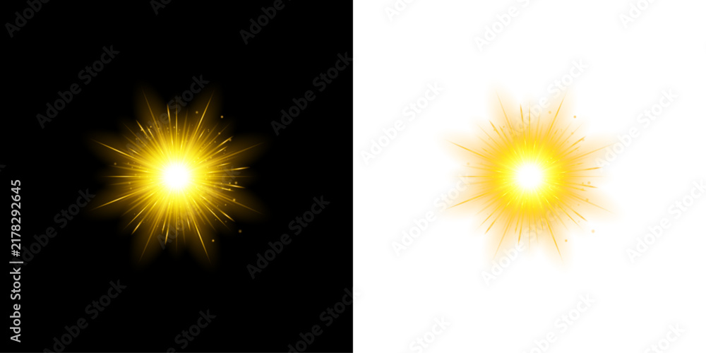 Fototapeta premium Bright glowing yellow starburst light effect isolated on transparent background