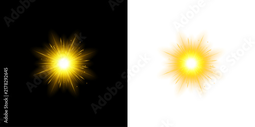 Bright glowing yellow starburst light effect isolated on transparent background