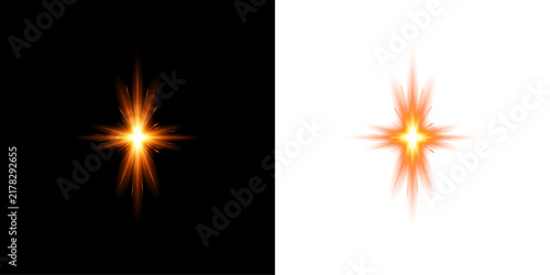 Bright golden starburst light effect with glowing rays isolated on transparent background