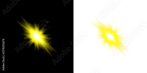 Bright yellow starburst light effect with glowing rays isolated on transparent background