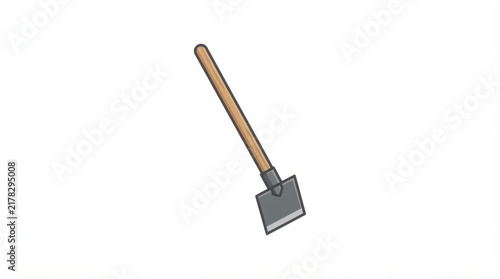A simple metal garden spade tool with a long brown wooden handle