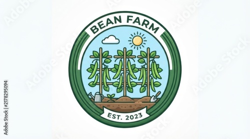 Bean farm logo design with green plants and sun in a circular badge