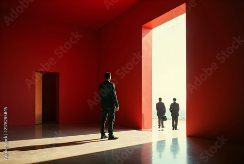 Architectural Threshold Framing: Silhouetted Figures in Red Doorway, Exterior Architecture, Sunlit Interior