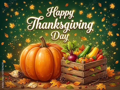 Happy Thanksgiving Day illustration with pumpkin and autumn harvest vegetables
