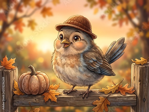 Cute cartoon bird wearing hat perched on wooden fence with pumpkin and autumn leaves