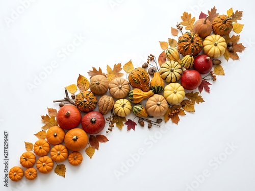 Colorful assortment autumn pumpkins leaves decorative arrangement on white surface