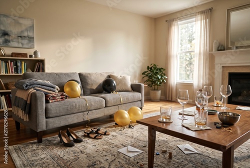 A living room shows signs of a recent party. There are empty glasses and decorations scattered around. Shoes are on the floor. Balloons decorate the sofa. Time appears to be early day