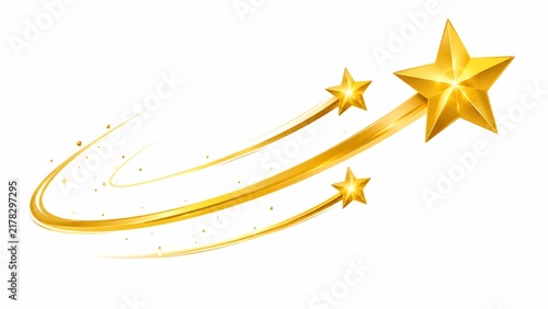 Three 3D golden stars soar along dynamic curved orbital swoosh trails, symbolizing business momentum, innovative vision, excellence, and commercial success