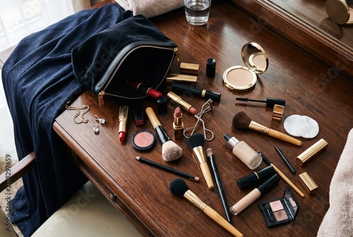Various makeup items and tools are spread on a wooden vanity. A black cosmetic bag lies open nearby. There is a glass of water and personal accessories arranged on the surface