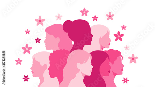 Pink Women Awareness Female Profiles Silhouette Breast Cancer Beauty Floral Vector Girl Sisterhood Health Empowerment Heads