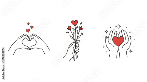 Hands Heart Rose Line Love Flowers Minimal Bouquet Gesture Art Romantic Outline Vector Care Hand Romance
