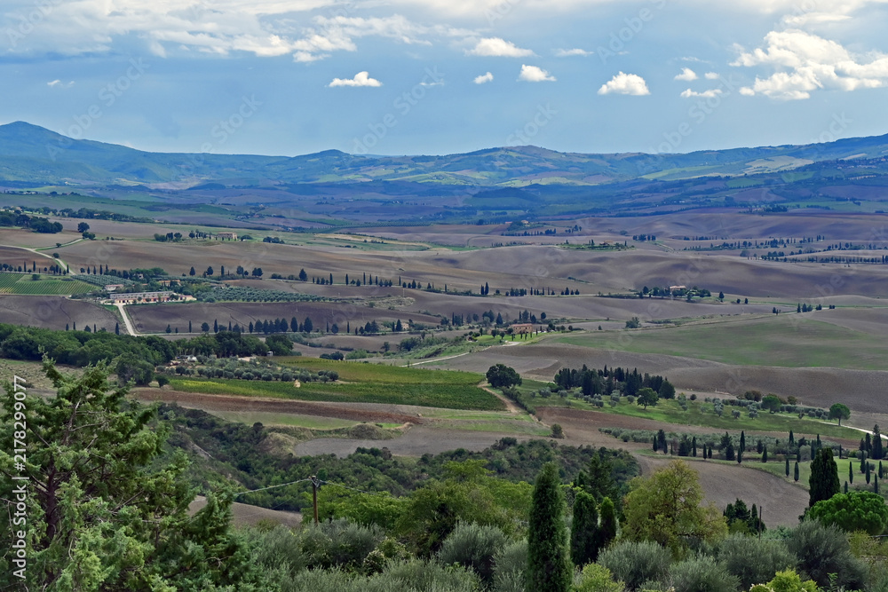 Obraz premium Pienza, the countryside and hills of the Val d'Orcia from the city walls, Val d'Orcia, Tuscany, Italy