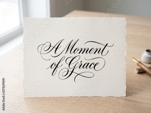 Elegant calligraphy reading A Moment of Grace on aged parchment paper with vintage ink pen on wooden desk background