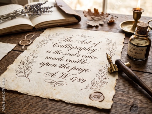 Vintage calligraphy on parchment paper with fountain pen and ink bottle on rustic wooden desk with candle and dried lavender in classic style