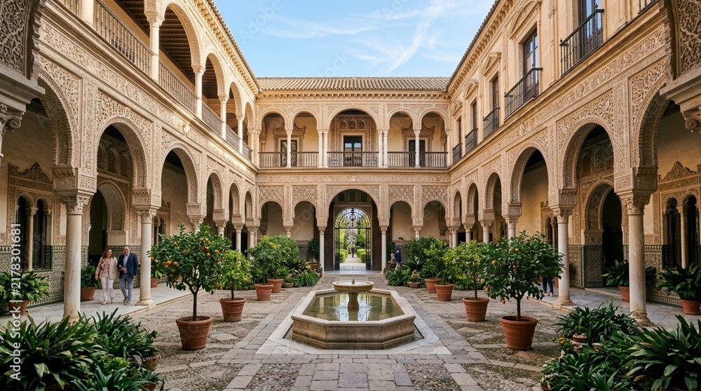 Fototapeta premium Ornate Courtyard Palace Garden Fountain Orange Trees Moorish Architecture Seville