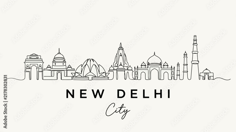 Obraz premium New Delhi Skyline Silhouette - India Capital City Architecture Line Drawing