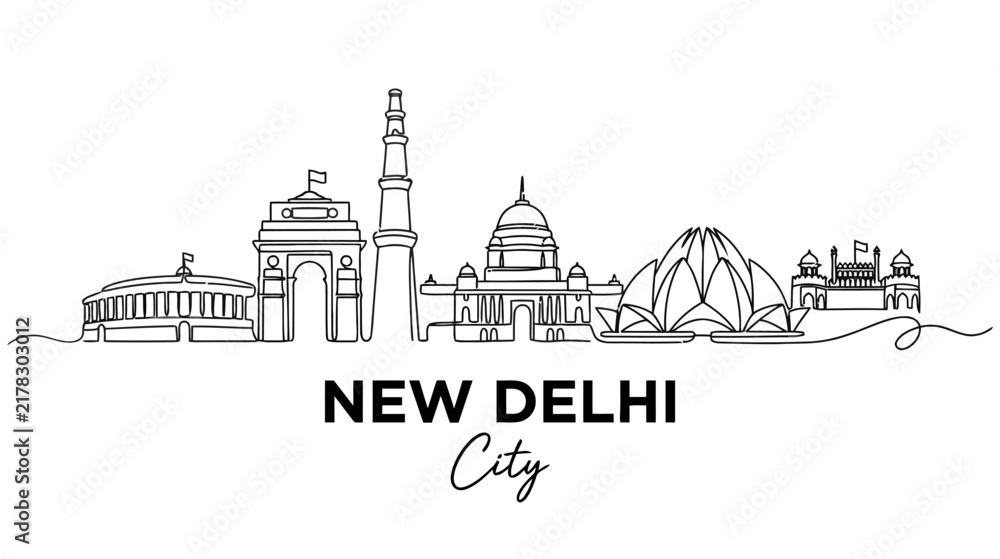 Obraz premium New Delhi Skyline - Iconic Landmarks in Continuous Line Art