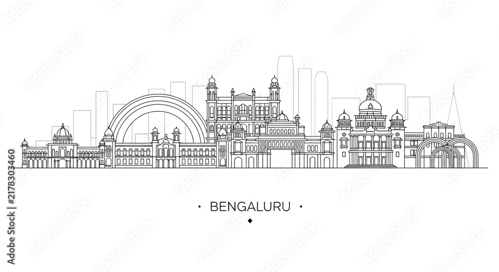 Obraz premium Bengaluru Skyline Vector Art: Indian City Architecture Outline Drawing