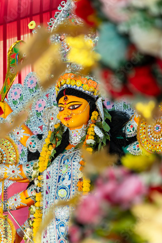 Magnificently Decorated Maa Durga Idol at a Hindu Religious Dussehra Celebration