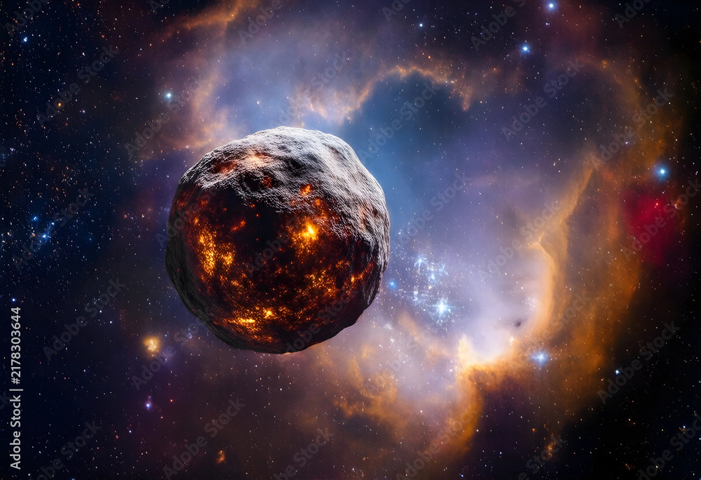 Obraz premium Space exploration and planetary science, glowing asteroid or dwarf planet drifting through a colorful deep space nebula with distant stars and galaxies