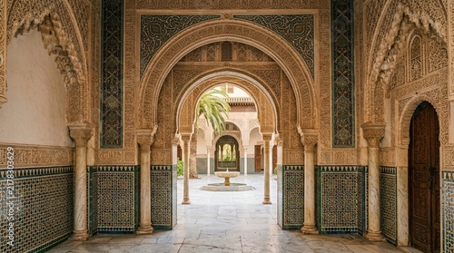 Moorish architecture courtyard with arches, fountain, and intricate tilework