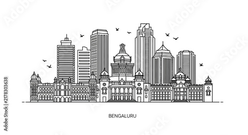 Bengaluru Skyline Illustration - Modern City Architecture and Birds