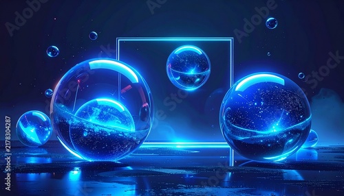 Abstract 3D glowing blue spheres with glass frames on dark background. Ideal for futuristic technology, AI concept, corporate presentations, and digital ads