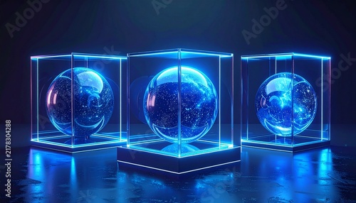 Abstract 3D glowing blue spheres with glass frames on dark background. Ideal for futuristic technology, AI concept, corporate presentations, and digital ads