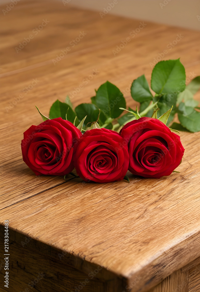 Obraz premium Romance and love concept, three red roses on a rustic wooden table for anniversary celebration, valentines day gift and floral decoration for wedding