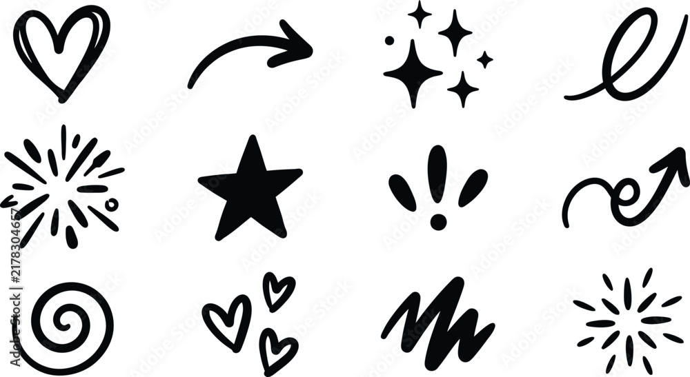 Obraz premium Black Hand Drawn Stars Sparkles and Decorative Symbols Collection
