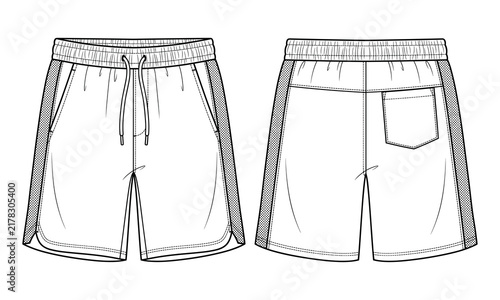 Men sports shorts fashion technical flat sketch vector illustration template, front and back view, elastic waistband, drawstring, pockets, mesh side panels