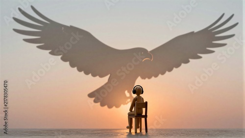 Tiny figure sits, headphones on, gazing at giant eagle shadow against sunset sky.