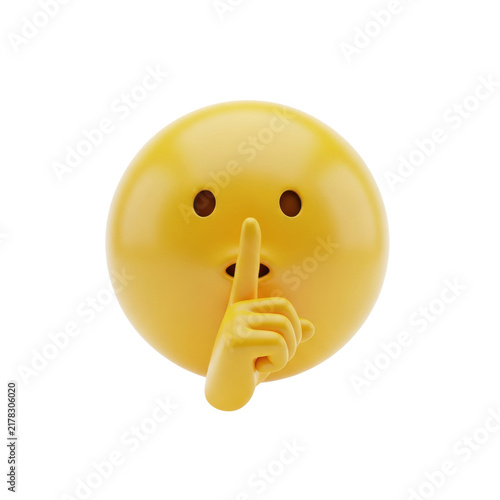Photorealistic 3d render of the vibrant yellow shushing face emoji, index finger on mouth, matte plastic texture, isolated on a transparent background, macro close-up view Concept of secrecy and