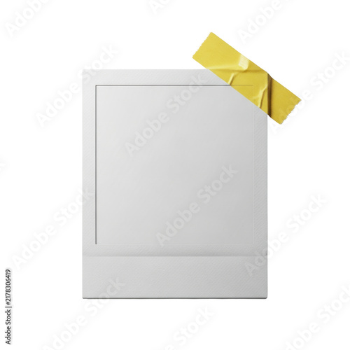 Blank polaroid frame, hyperdetailed macro flat lay, secured diagonally by crinkled yellow masking tape on a sterile white background, subtle film grain, concept of potential memory and nostalgia